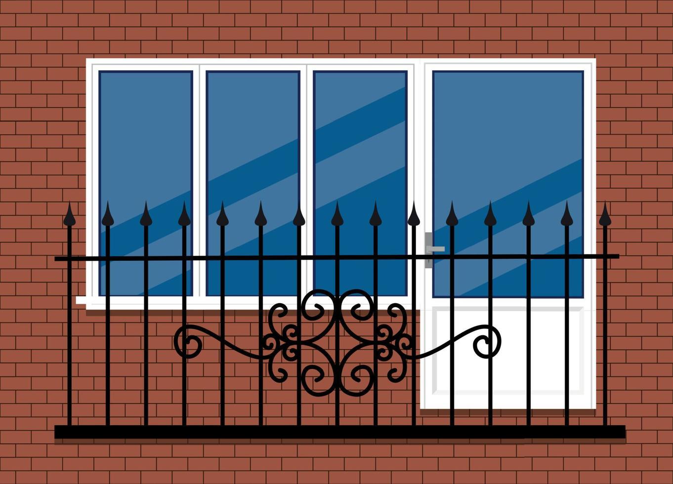 white plastic pvc window with door and balcony with black metal balcony rail, front view. isolated on a red brown brick wall background. Cartoon style flat design. vector