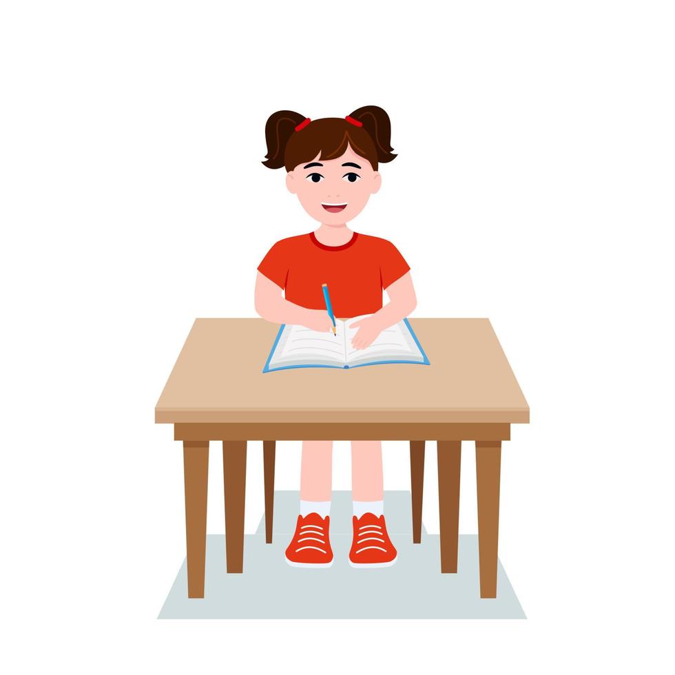 las niñas escriben, los niños hacen la tarea, las matemáticas en casa. niño lindo de dibujos animados con camisa roja sentado en el escritorio. el concepto de edad de aprendizaje. ilustraciones vectoriales aisladas sobre fondo blanco. vector