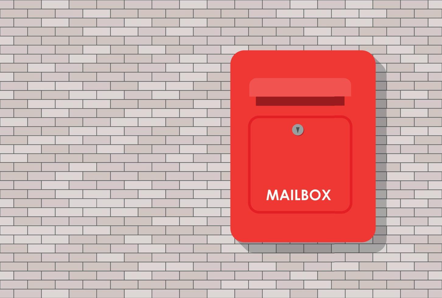 Red mailbox with letter. Metal postbox on horizontal brick wall. Cartoon letterbox for the post. Mail delivery concept banner. Place for text. Flat Vector illustration