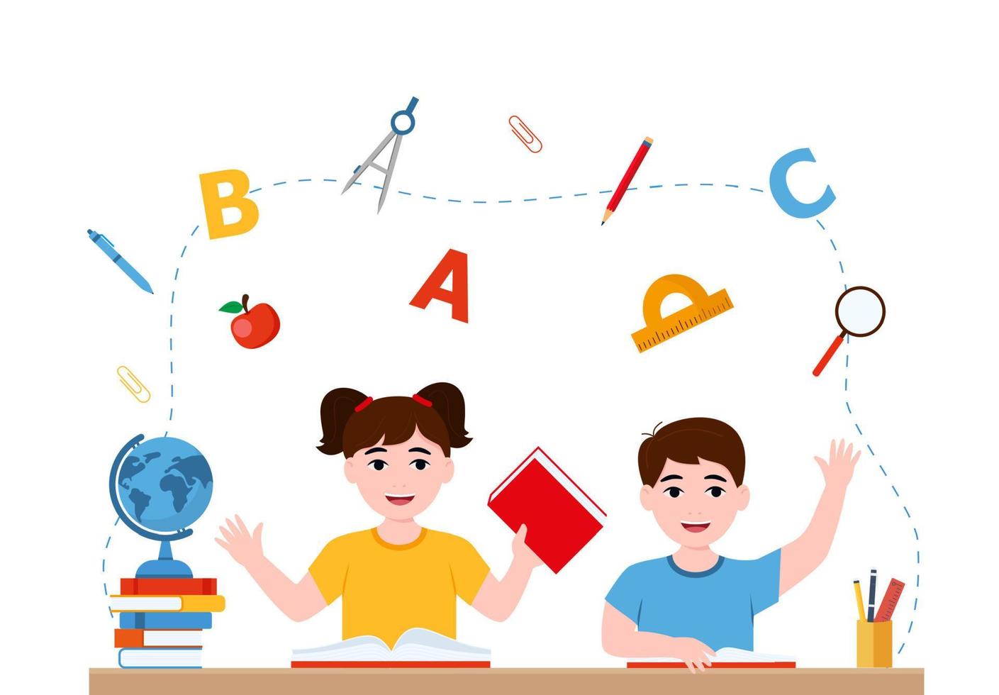 girl and boy are writing, kids doing homework, maths at home. Cartoon cute little boy in red shirt Siting on the desk. The concept of learning age. Vector illustrations isolated on white background.