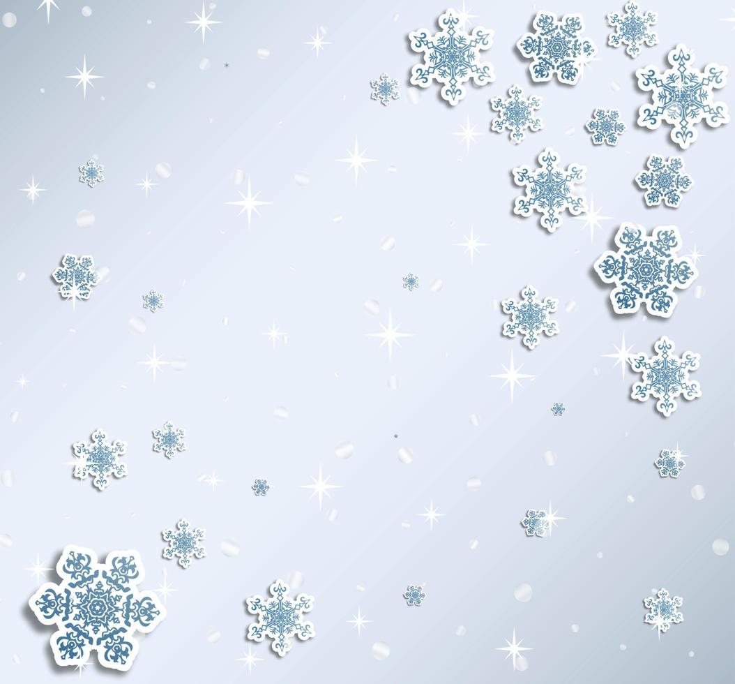 Christmas greeting card with type design and decorations on the snowy blue background. Vector illustration.