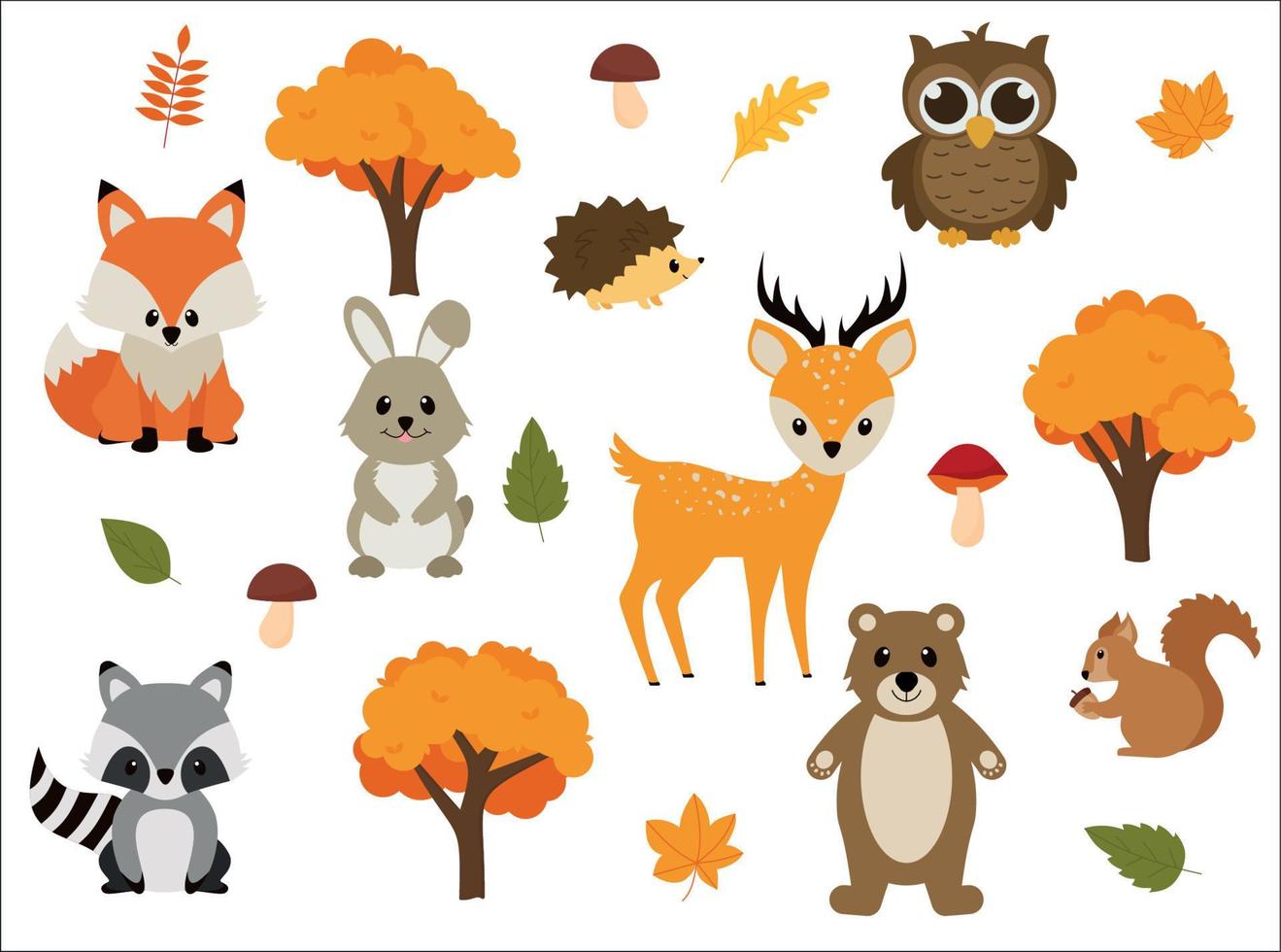 Vector illustration of cute woodland forest animals including a bear, deer, fox, raccoon, hedgehog, squirrel, and rabbit.
