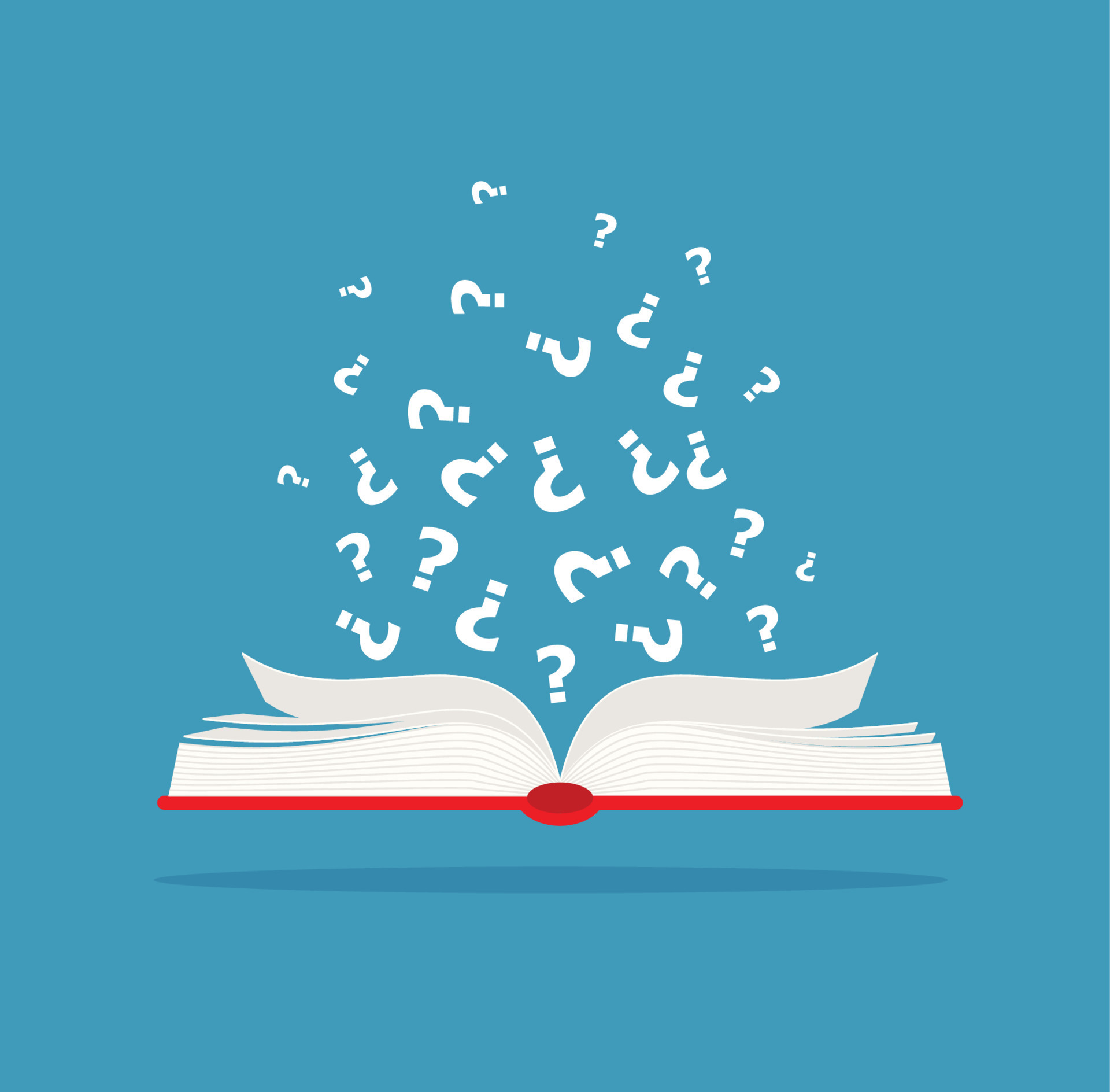 Open black book with black question marks flying out. Isolated on white