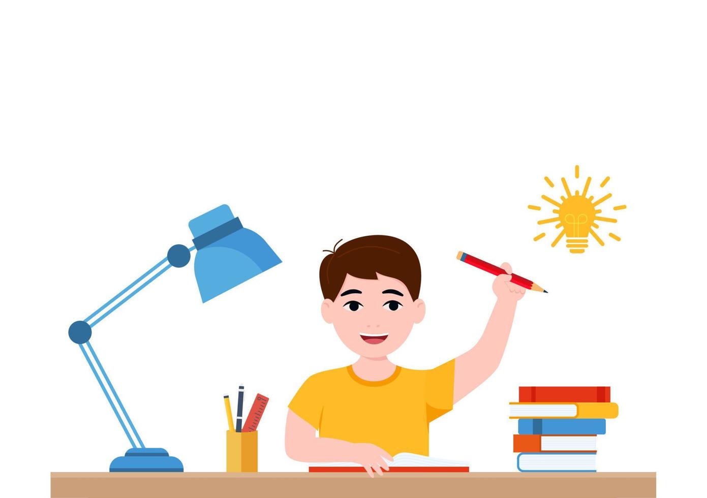 los niños escriben, los niños hacen la tarea, las matemáticas en casa. niño lindo de dibujos animados con camisa roja sentado en el escritorio. el concepto de edad de aprendizaje. ilustraciones vectoriales aisladas sobre fondo blanco. vector