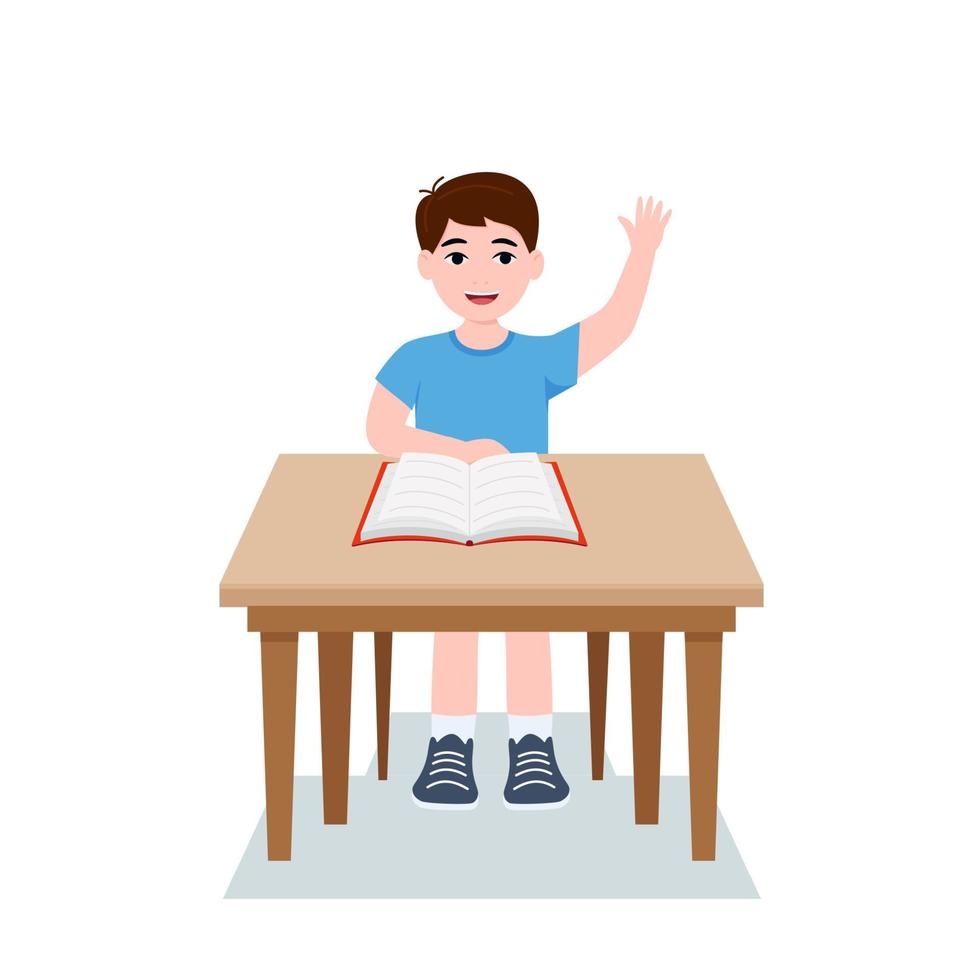 Boys are writing, kids doing homework, maths at home. Cartoon cute little boy in red shirt Siting on the desk. The concept of learning age. Vector illustrations isolated on white background.