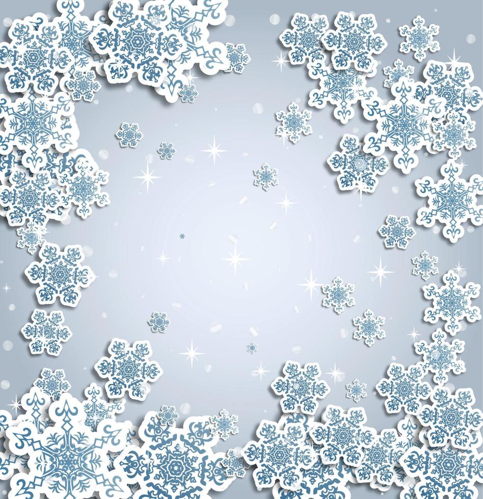 Christmas greeting card with type design and decorations on the snowy blue background. Vector illustration.