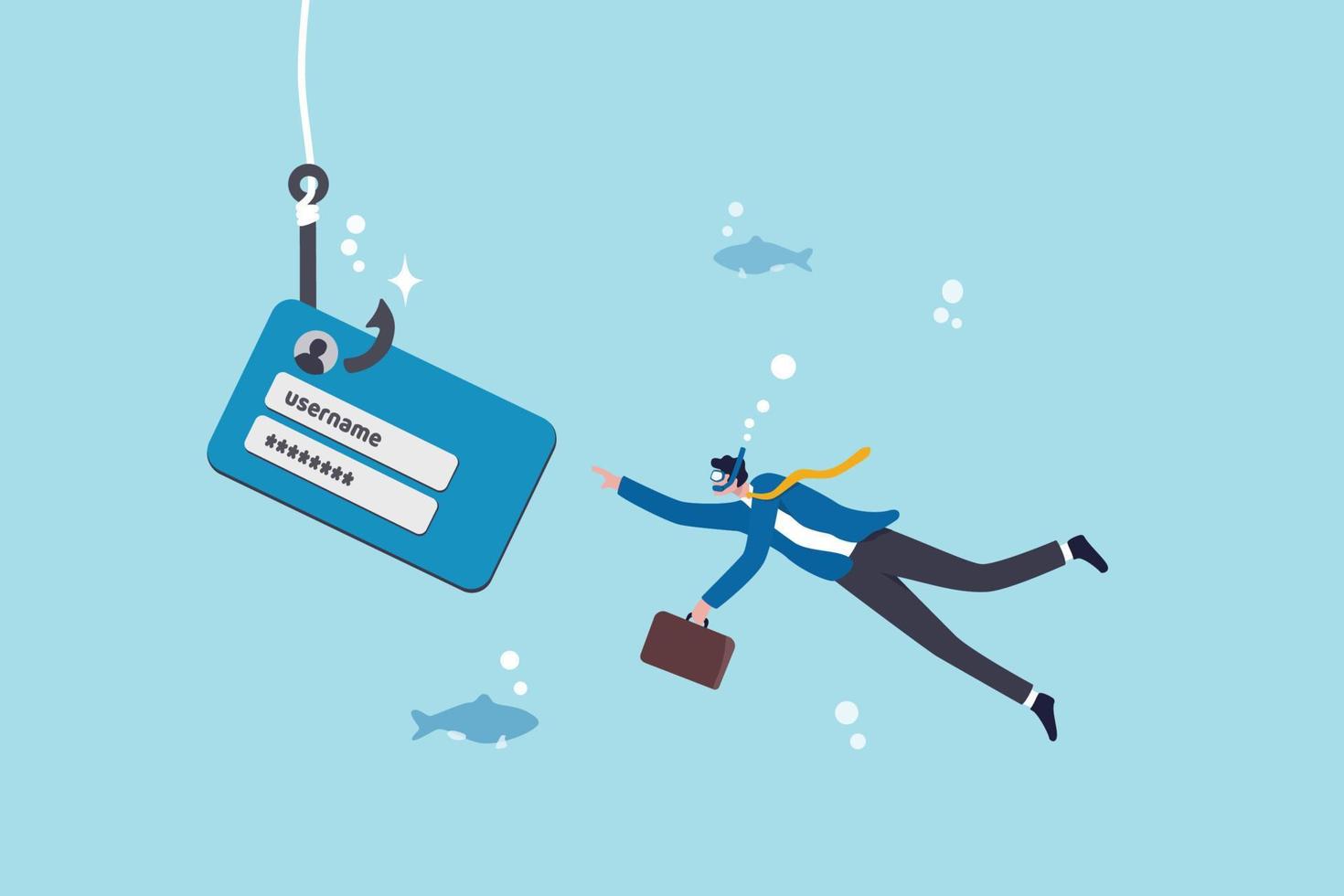 Phishing or stealing personal information, fake login screen to hack username, password, cyber security or threat website concept, businessman diving to unknown fishhook user account phishing login. vector