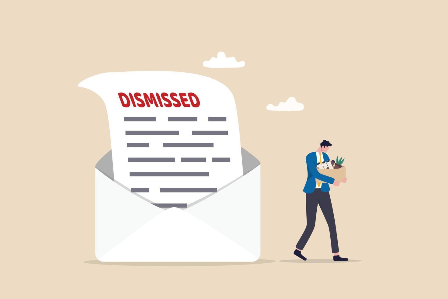 Layoff email sending to employee to inform job dismissed or fired, end career or staff layoff due to economic recession concept, unemployed businessman walk away from dismissed email with his stuff. vector