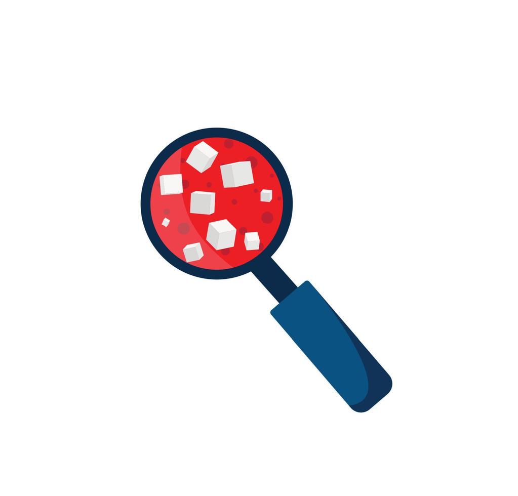 Hematology concept with red blood cell in test tube and magnifying glass, vector illustration in flat style