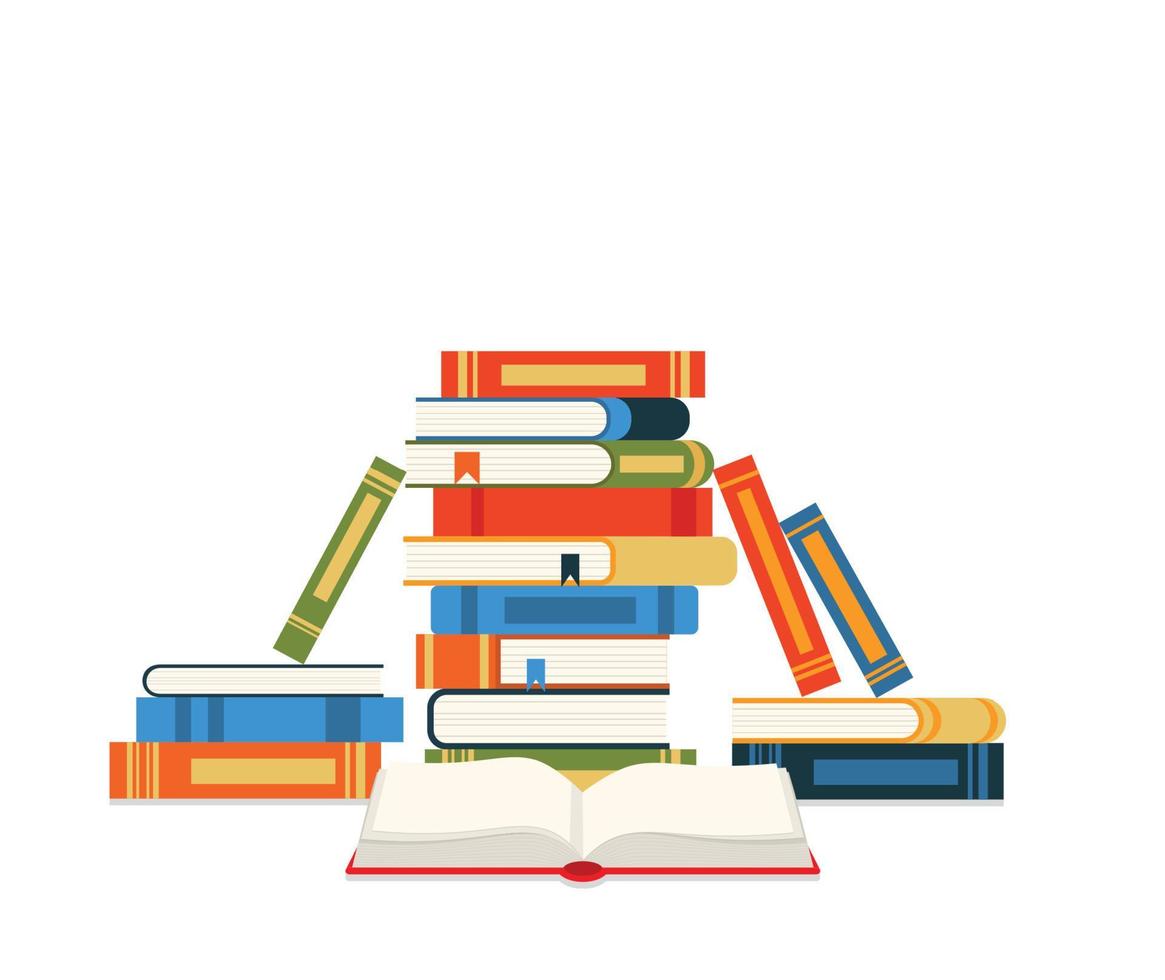 Book stack. Huge pile of books and encyclopedias, education and success concept, university library, academic and school knowledge flat cartoon isolated on green illustration vector