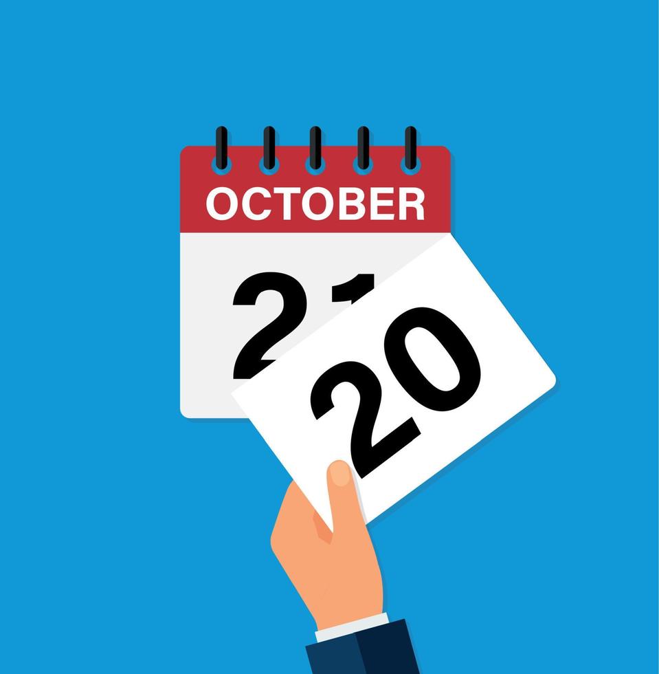 arrancar una hoja el 20 de octubre en un calendario de pared. la llegada de un nuevo día. ilustración vectorial plana. vector