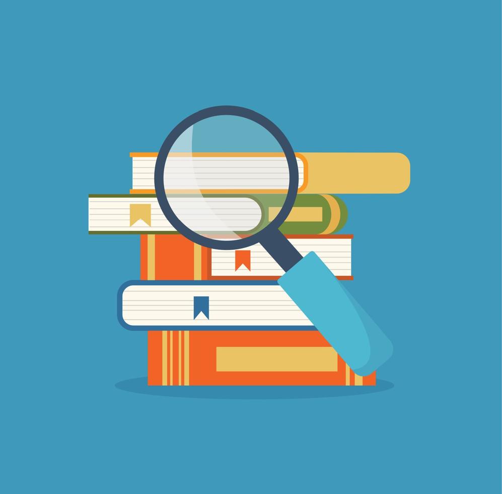 Stack of books with magnifying glass. Knowledge logo. Education and information retrieval. Online course. Vector illustration.