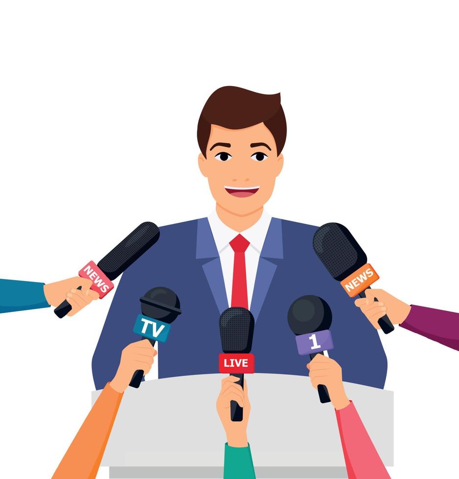 Press conference. Hands holding microphones and digital voice recorders. Rostrum, tribune with microphones. Modern flat design graphic elements. Vector illustration