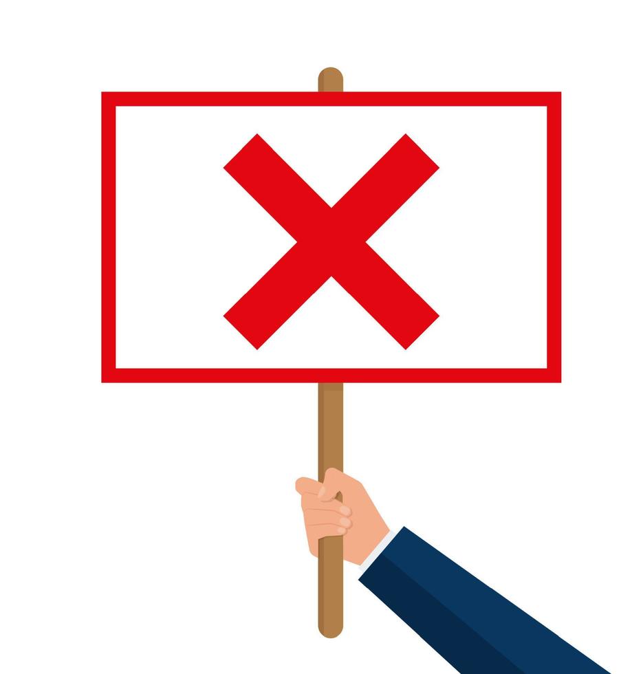 Hand holding a signboard right and wrong for feedback design concept. red cross symbol. Flat style vector illustration