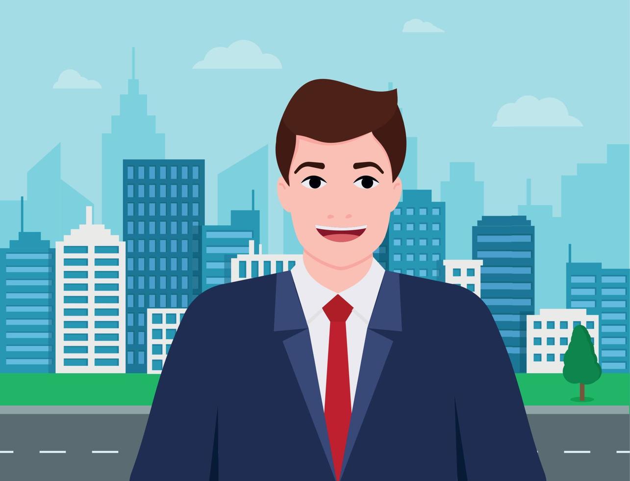 Businessman Executive Business Man over City Skyscraper Flat Vector Illustration