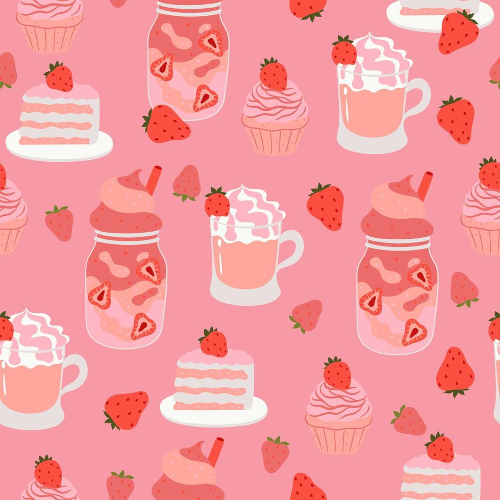 Strawberry desserts in pink colors seamless pattern. Vector graphics.