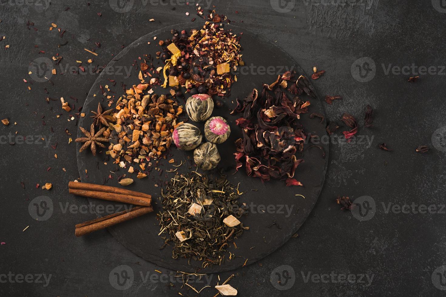 food background of various types of tea flat layer photo