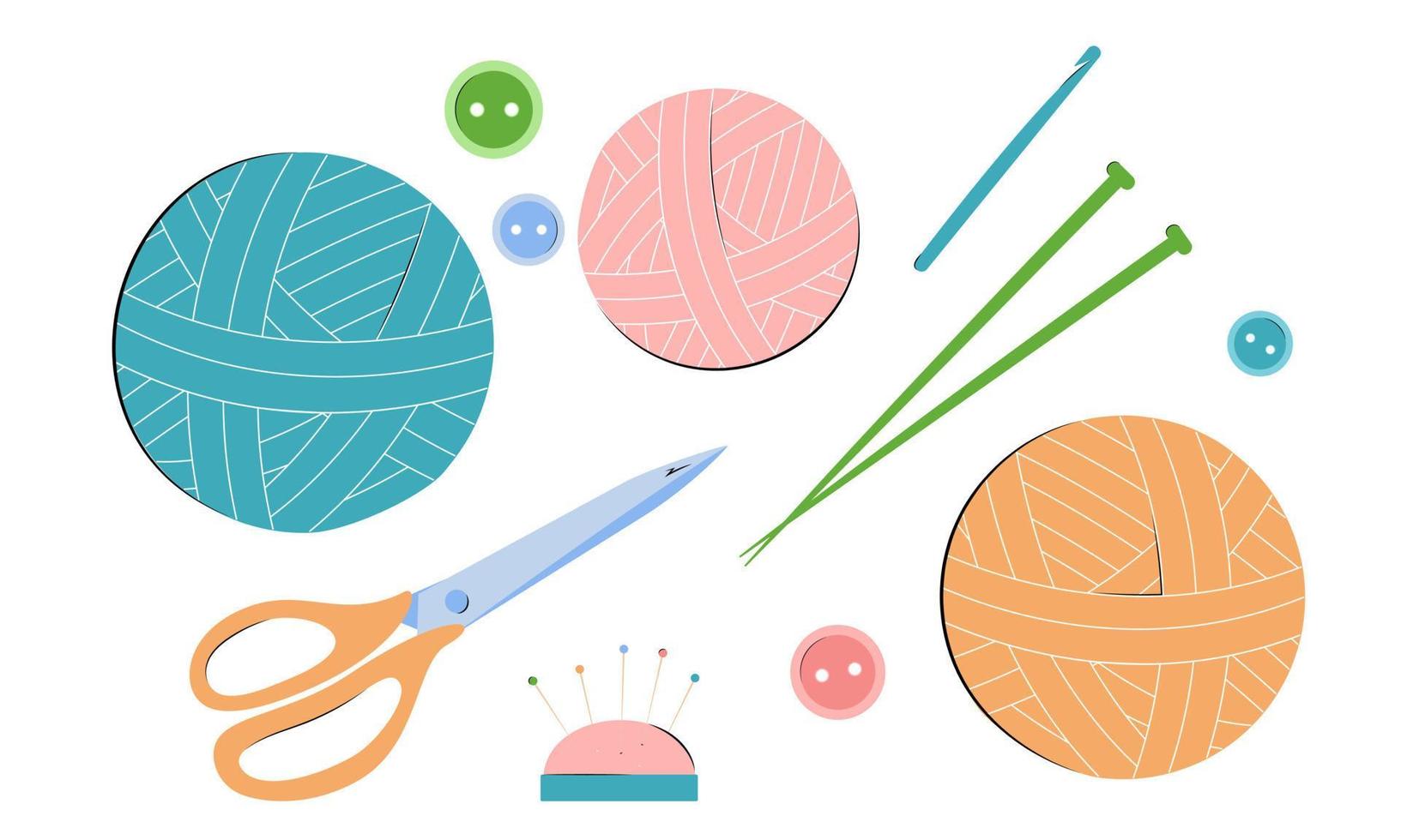 Set of knitting needles. Crochet hook, knitting needles and threads. Set for handmade, hand knitting. Balls of yarn and knitting tools. vector