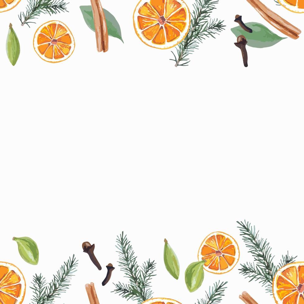 Watercolor seamless frame Chrismas mood oranges, evergreen tree branches and spices hand drawn frame for gift cards, textile, napkins, runners, decorations and others vector