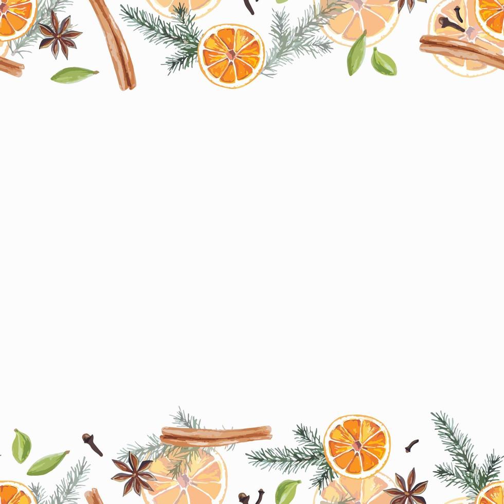 color de agua borde de marco transparente navideño estado de ánimo naranjas, ramas de árboles de hoja perenne y especias marco dibujado a mano para tarjetas de regalo, textiles, servilletas, corredores, decoraciones y otros vector