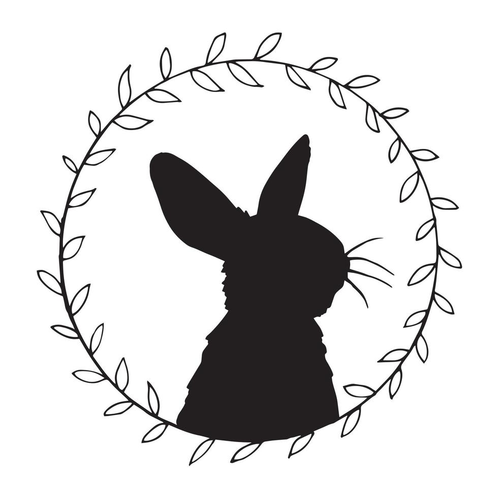 vector drawing, vintage frame with easter bunny silhouette. minimalistic design, wreaths of branches and a silhouette of a rabbit