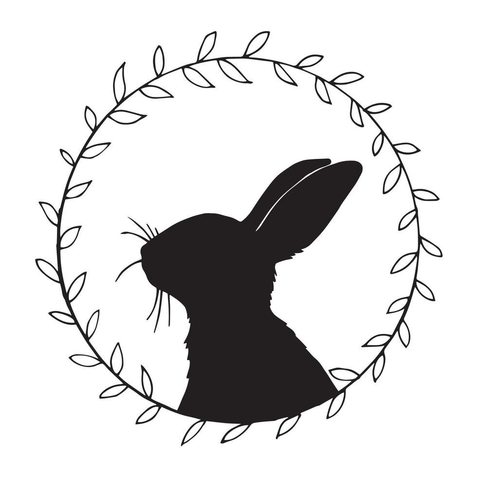 vector drawing, vintage frame with easter bunny silhouette. minimalistic design, wreaths of branches and a silhouette of a rabbit