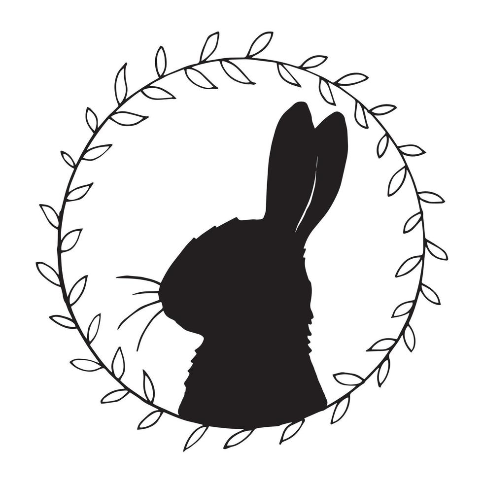 vector drawing, vintage frame with easter bunny silhouette. minimalistic design, wreaths of branches and a silhouette of a rabbit