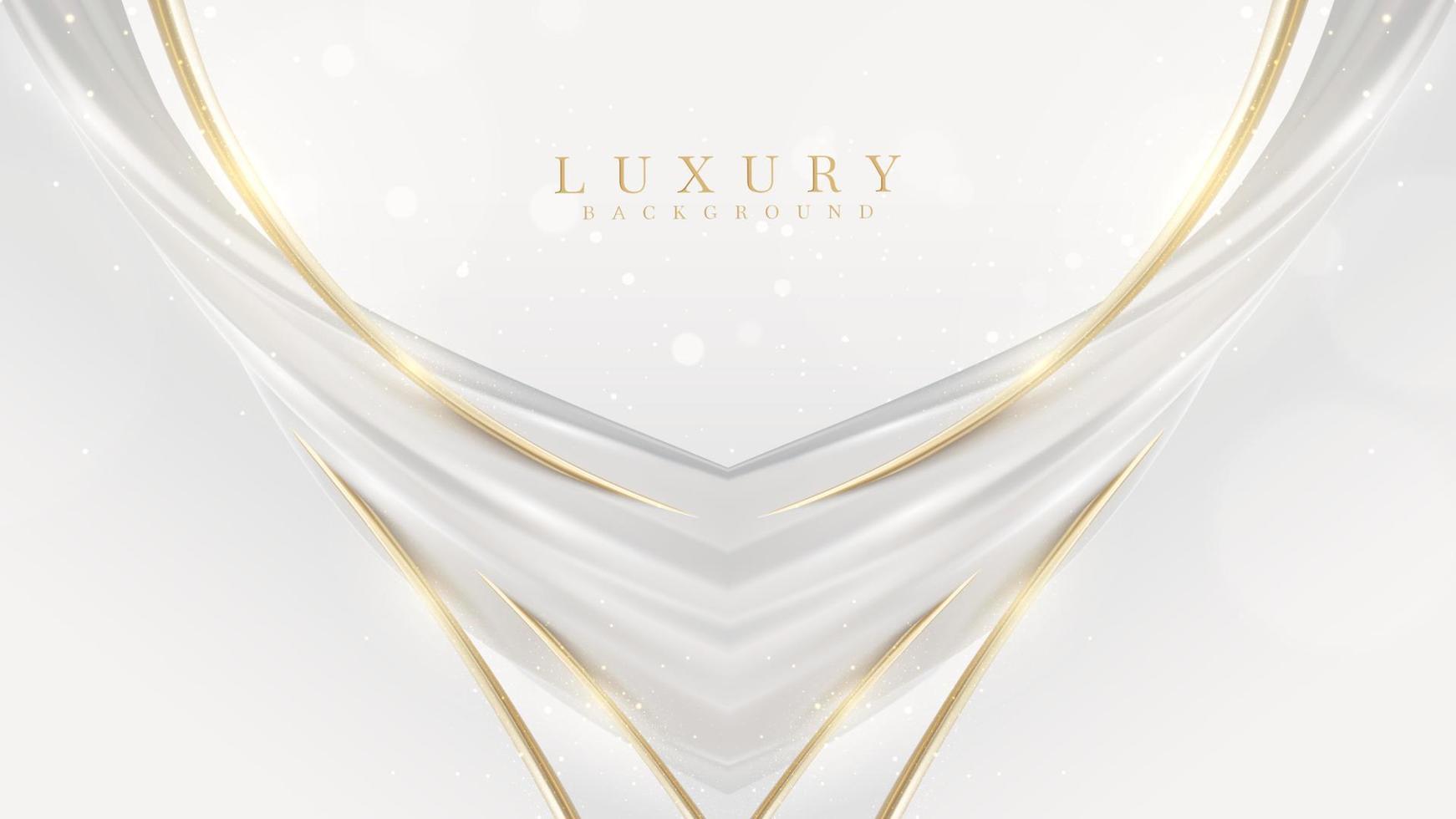 White background with golden curve line element and fluid with light effects decorations and bokeh. Realistic luxury modern design concept. Vector illustration.