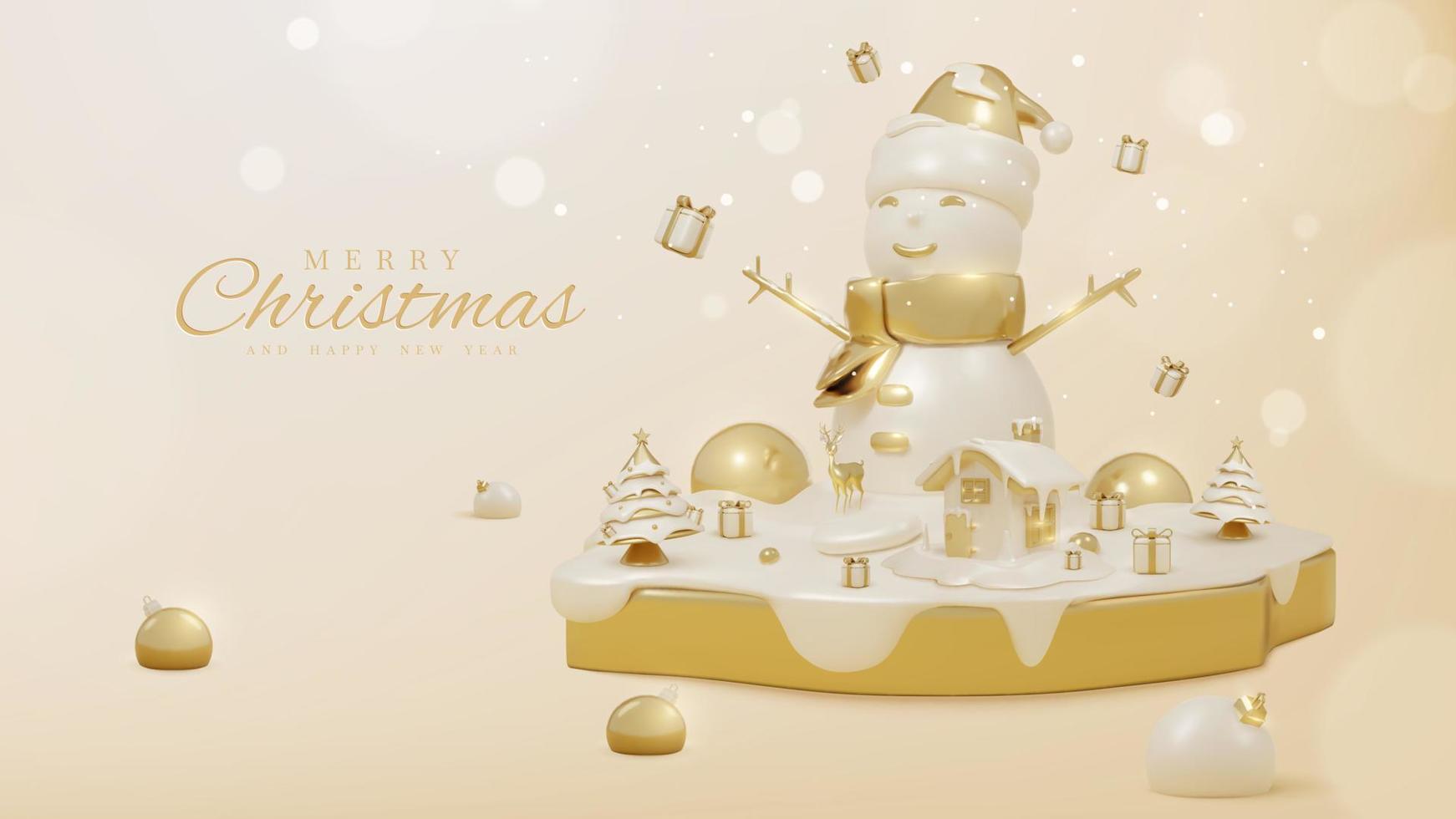Luxury background with snowman on golden podium and 3d realistic christmas ornaments and sparkling light effect with bokeh decorations and snow. Vector illustration.