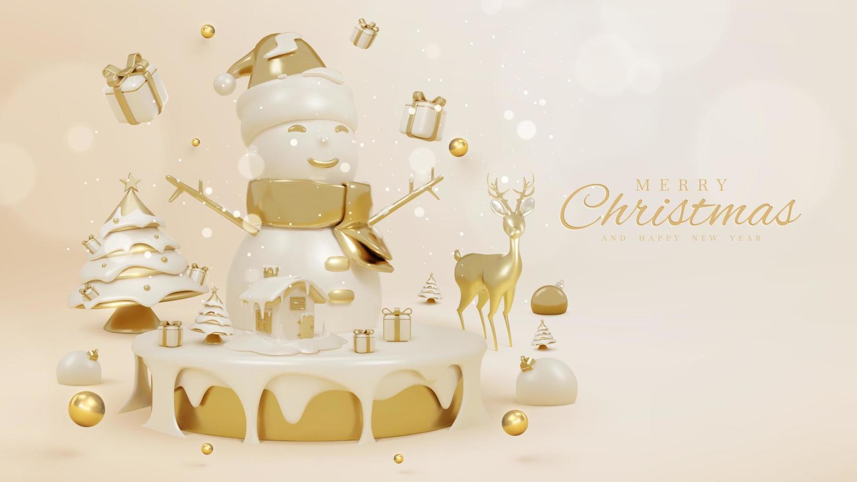 Luxury background with snowman on golden podium and 3d realistic christmas ornaments and sparkling light effect with bokeh decorations and snow. Vector illustration.