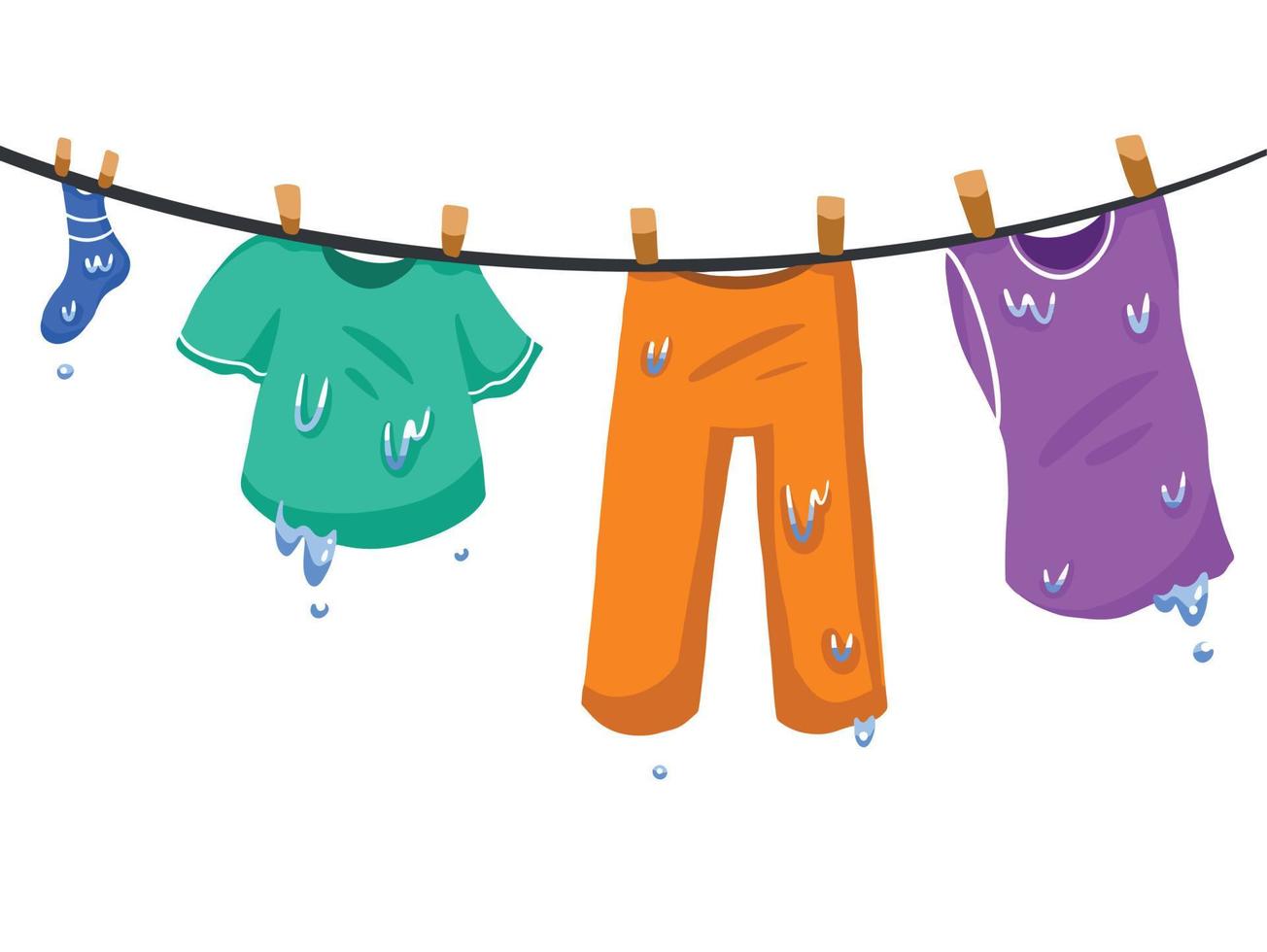 Illustration of cartoon hanging wet clothes, pants, tank top