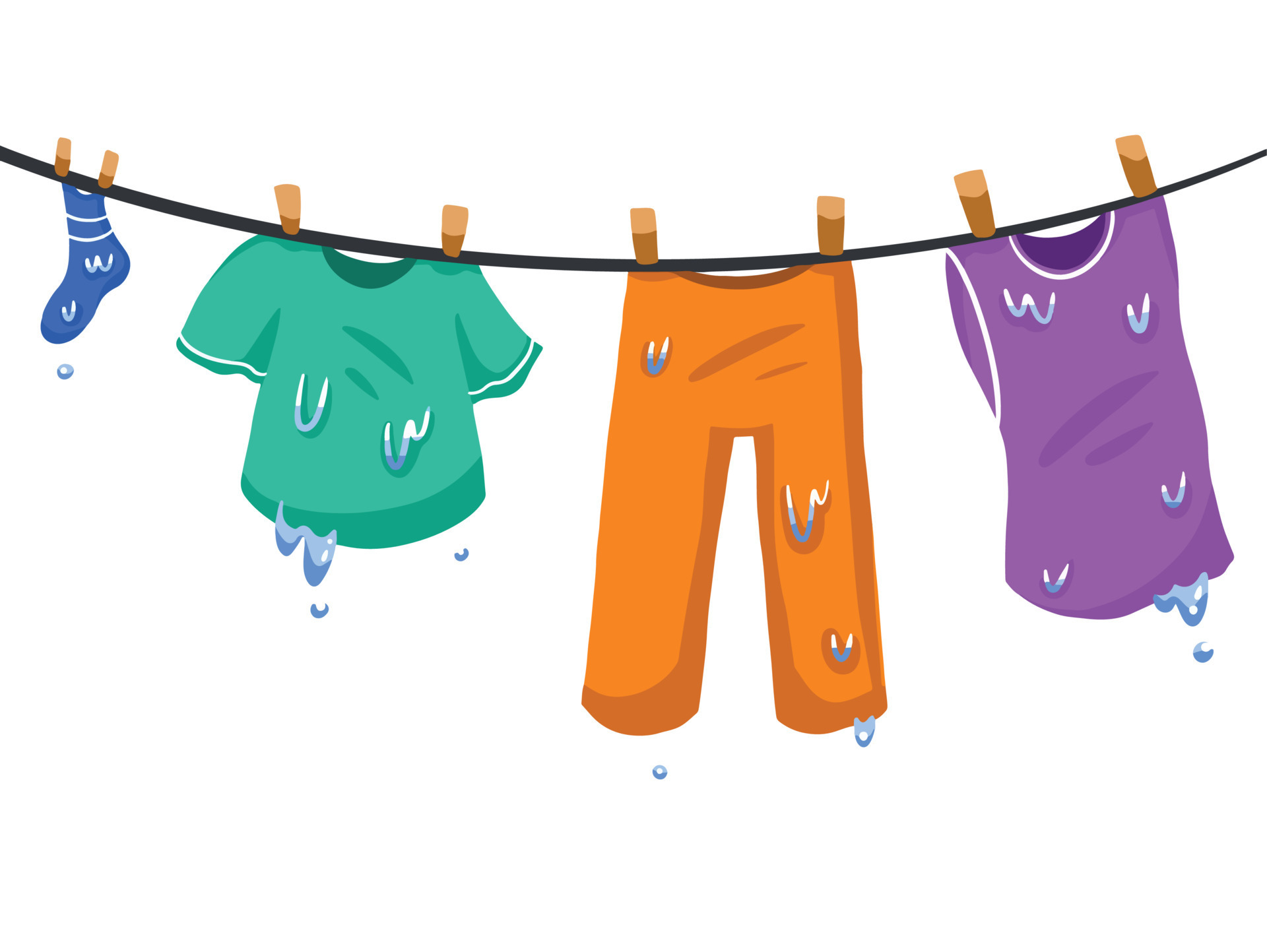 Illustration of cartoon hanging wet clothes, pants, tank top, shirt, and  sock. Drying clothes on cloth line on white background. Vector illustration  with flat style drawing. 14005922 Vector Art at Vecteezy