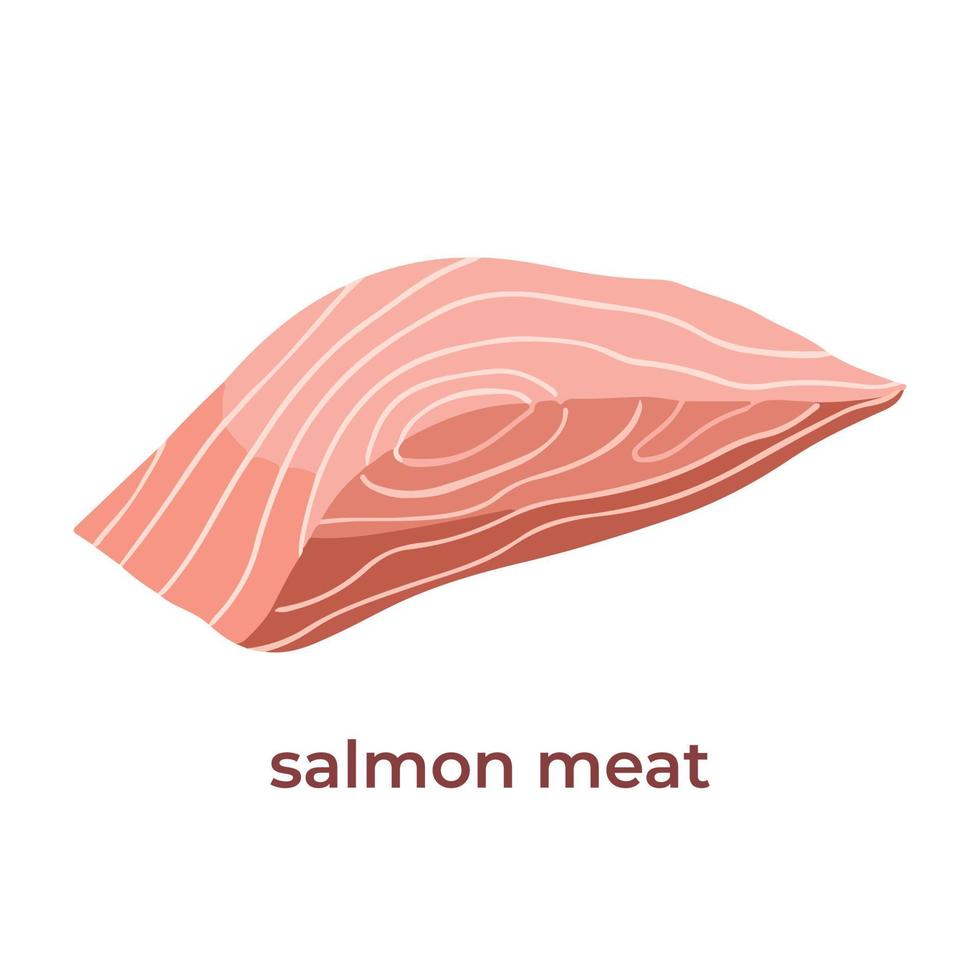 Ilustración de vector de carne de salmón crudo único aislado sobre fondo blanco. dibujo de pescado con estilo de arte plano de dibujos animados coloreado sobre fondo liso, para sashimi o ilustración de ingredientes de cocina.