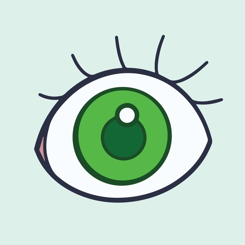 Wide single green eye with eye lash. Vector illustration icon with cartoon flat art simple line drawing.