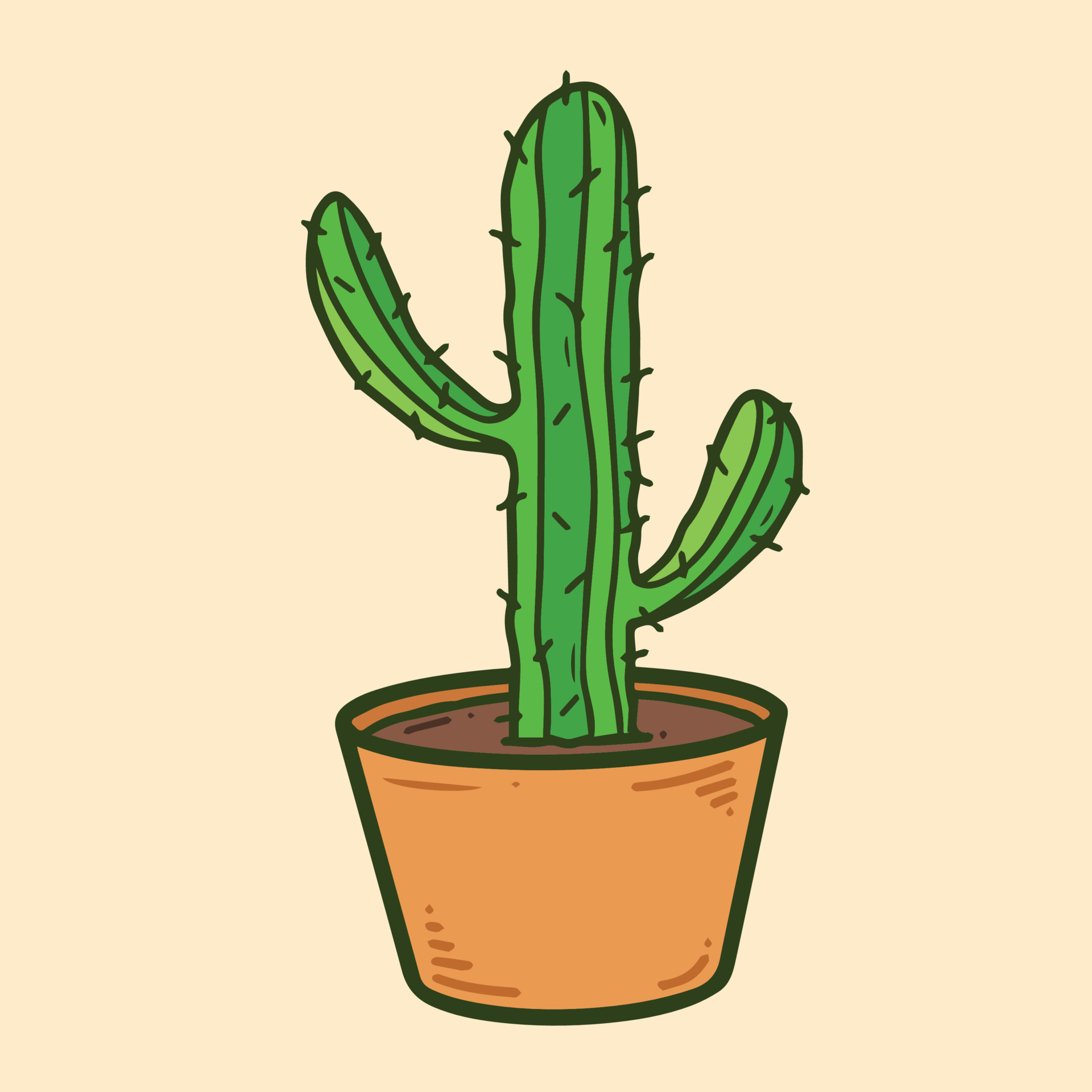 Green cactus on clay pot vector illustration. West plant drawing with  cartoon clean line art and flat color 14005937 Vector Art at Vecteezy