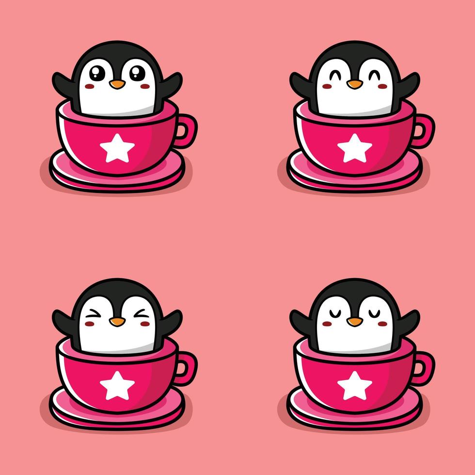 vector illustration of a penguin emoji sticker in a cup