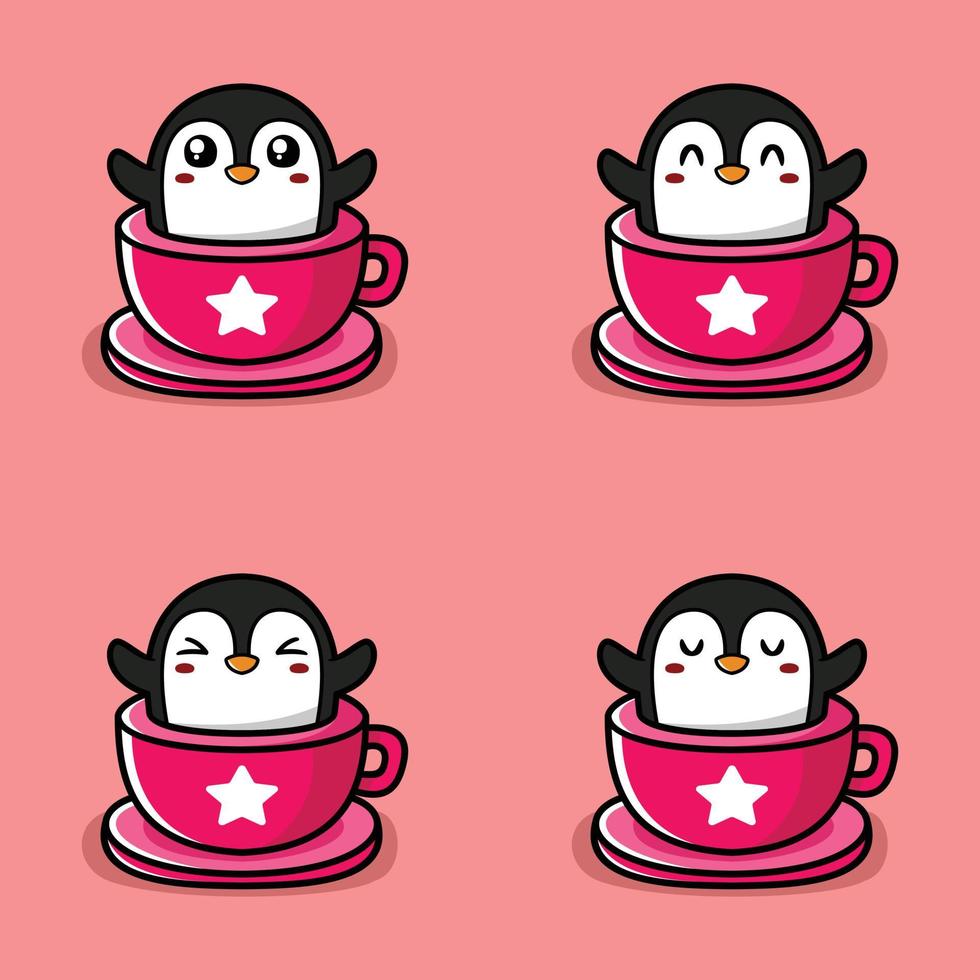 vector illustration of a penguin emoji sticker in a cup