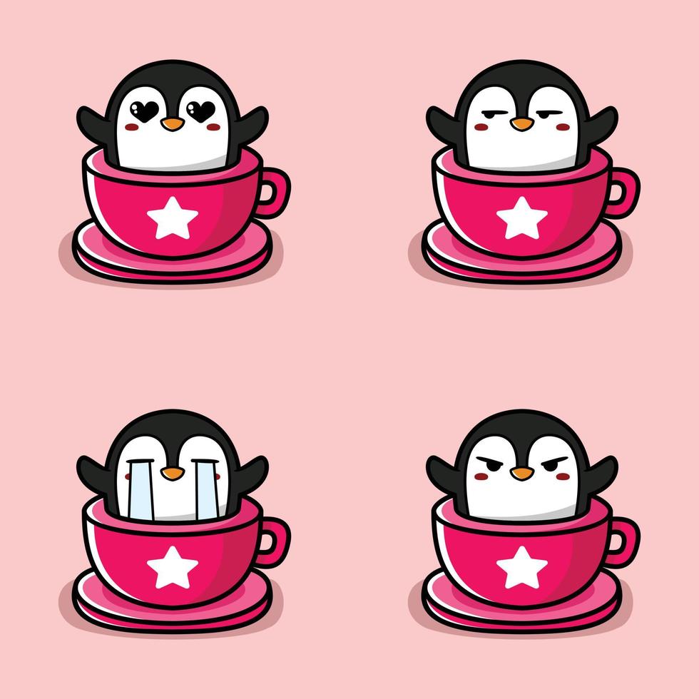 vector illustration of a penguin emoji sticker in a cup