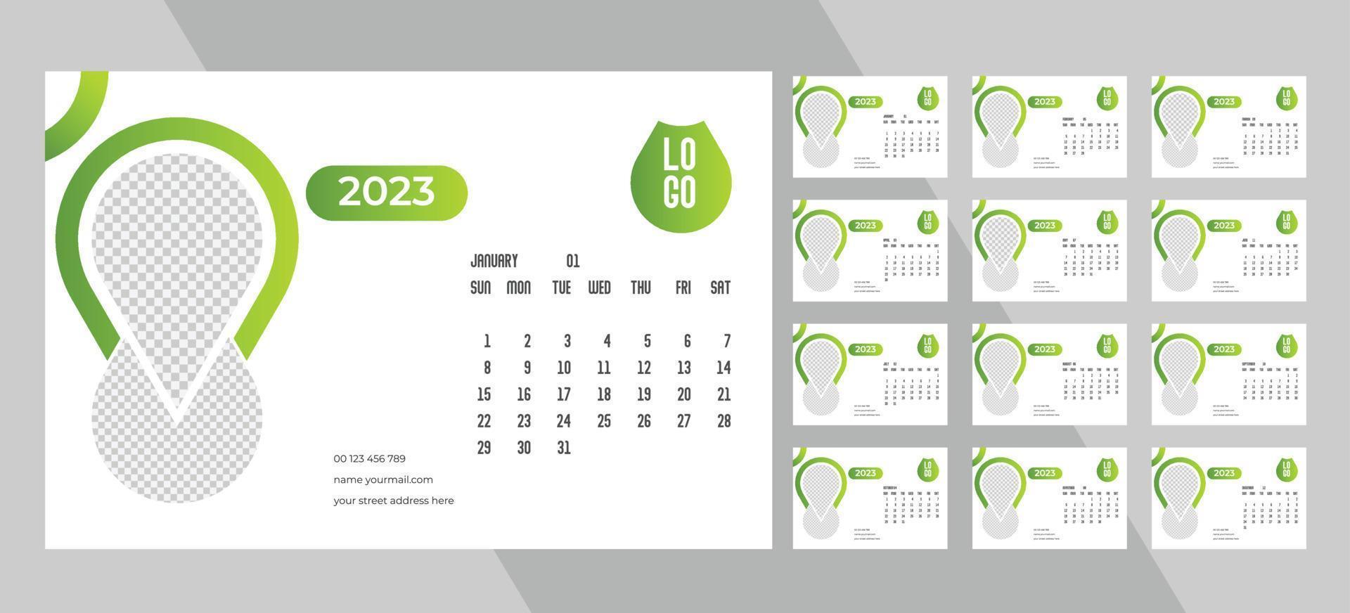 Desktop Monthly Photo Calendar 2023. Simple monthly horizontal photo calendar Layout for 2023 year in English. Cover Calendar and 12 months templates. Week starts from Monday. Vector illustration