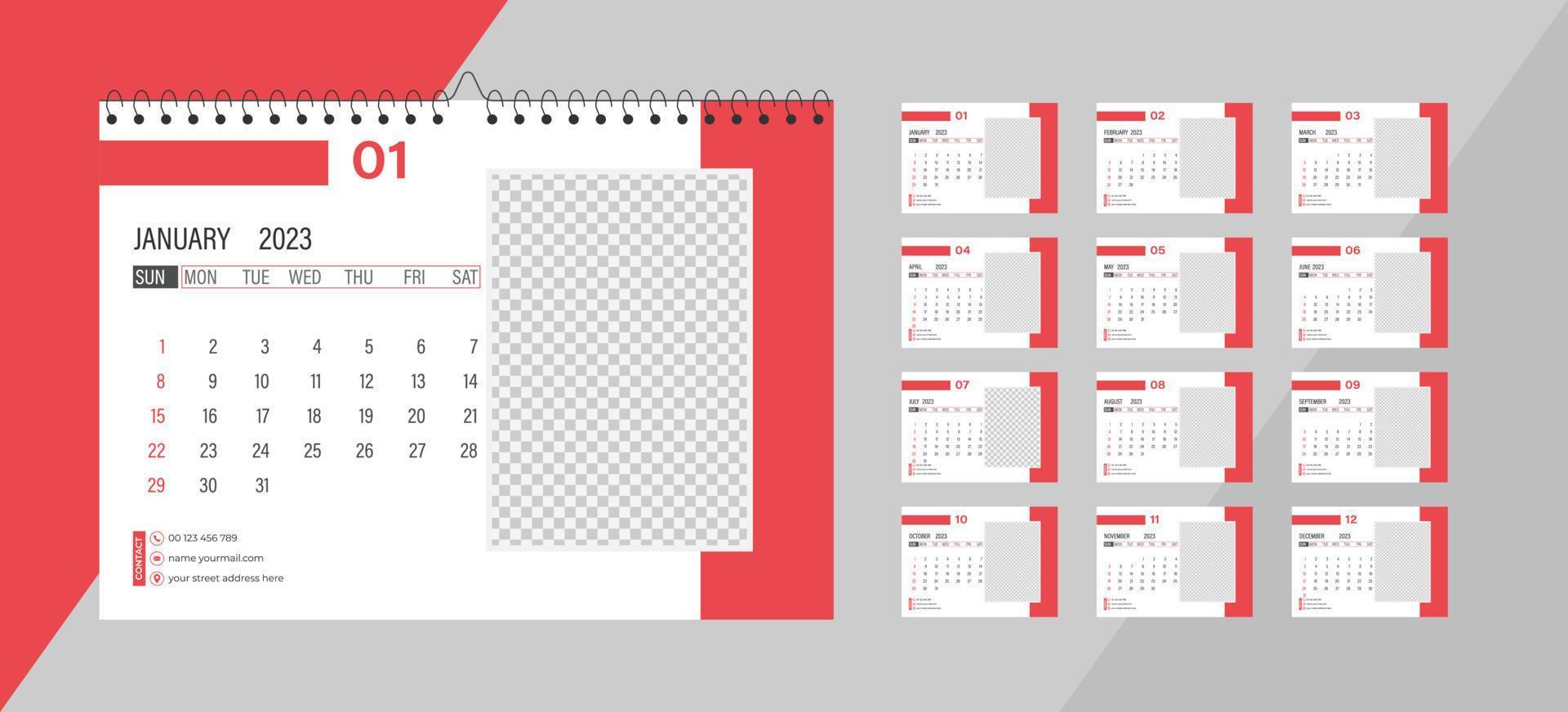 Desktop Monthly Photo Calendar 2023. Simple monthly horizontal photo calendar Layout for 2023 year in English. Cover Calendar and 12 months templates. Week starts from Monday. Vector illustration