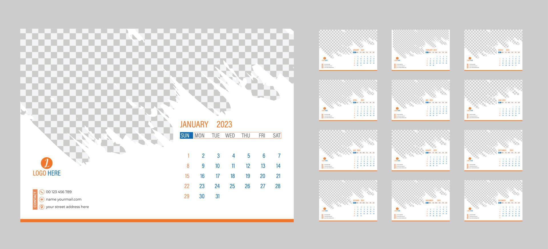 Desktop Monthly Photo Calendar 2023. Simple monthly horizontal photo calendar Layout for 2023 year in English. Cover Calendar and 12 months templates. Week starts from Monday. Vector illustration