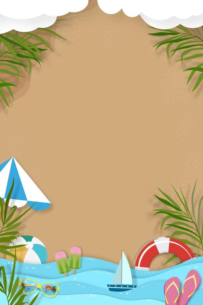 fondo de verano con tema de vacaciones en la playa con capa de olas oceánicas azules y espacio de copia, corte de papel de vista superior vectorial de diseño de verano tropical, hojas de palma y nubes en el fondo de arena de la playa vector