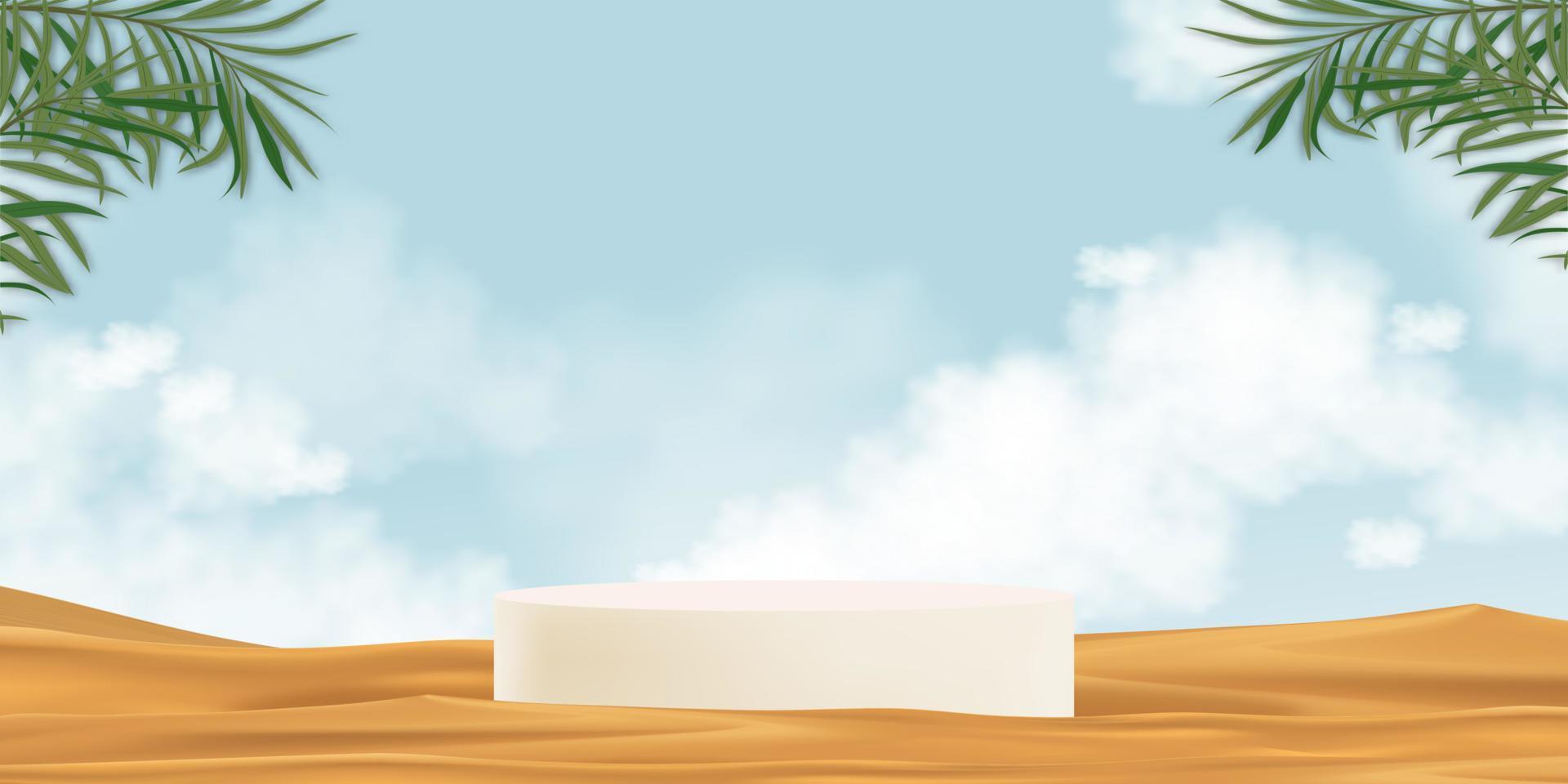 Podio de soporte 3d en la arena de la playa, ondas de dunas del desierto con cielo azul y nubes, laves de palma de coco, círculo de exhibición de fondo de pancarta vectorial en la arena de la superficie para publicidad de cosméticos de verano, concepto de cuidado de la piel vector