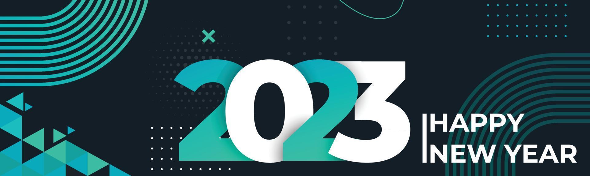 Happy new year 2023 text design with modern geometric calligraphy on dark background. Creative greeting card colorful banner for the 2023 year vector