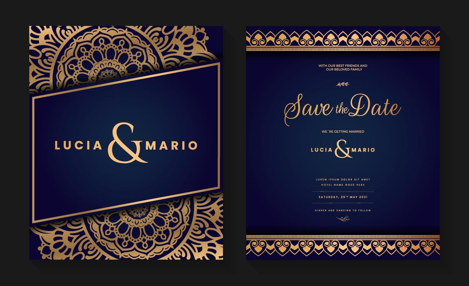 diseño de tarjeta de invitación de boda de lujo con mandala dorado y patrón abstracto, estilo de fondo árabe islámico oriental, mandala ornamental decorativa para impresión, afiche, portada, volante y pancarta. vector