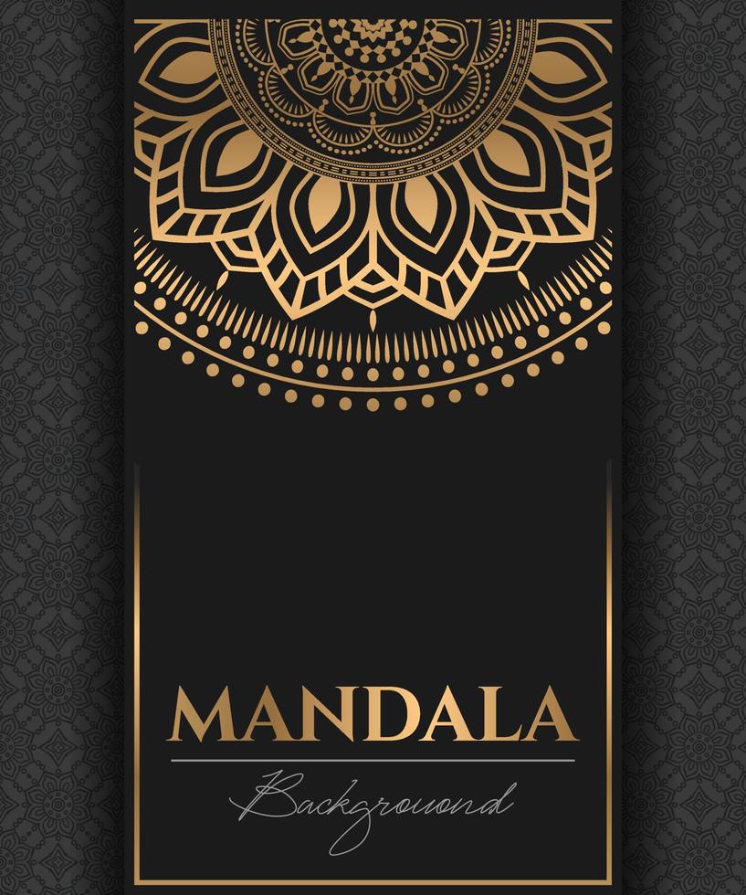 Abstract gold luxury mandala background vector template, Circular ornamental arabesque pattern for poster, cover, brochure, invitation, flyer. Black background with ethnic floral mandala elements