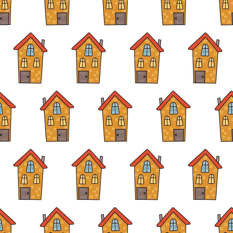 Pattern of yellow houses. cute hand drawn houses on a pattern for textiles, backgrounds, wallpapers, wrapping paper, fabrics. vector