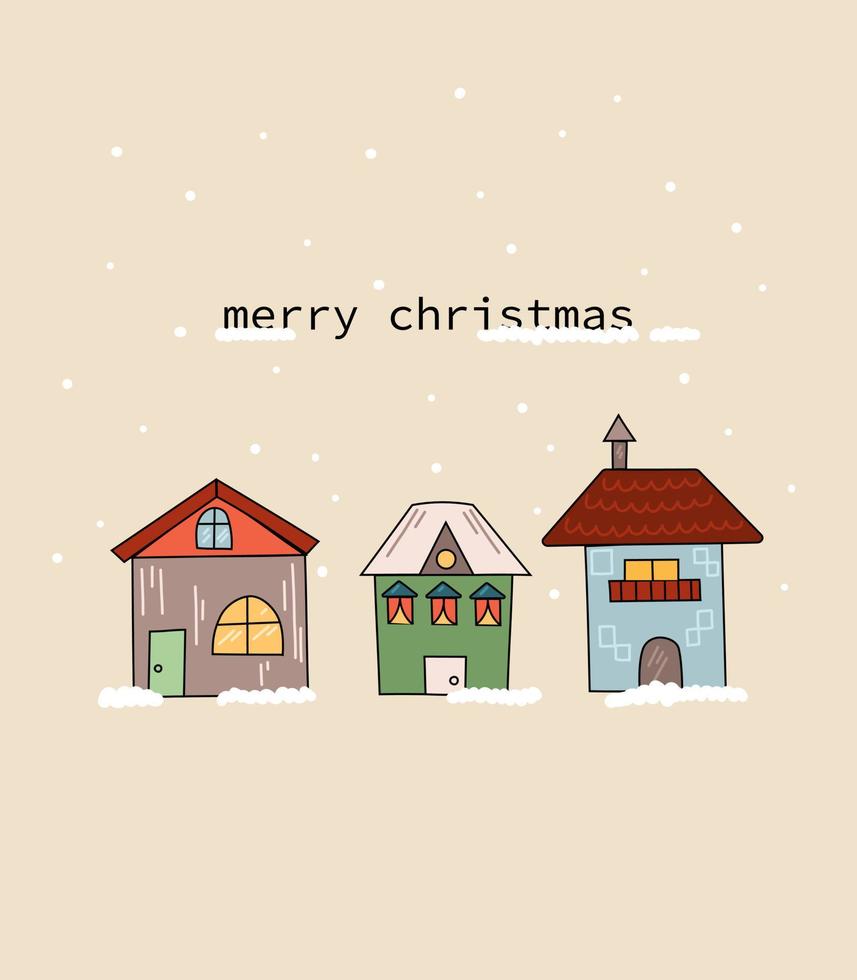 tarjeta de Navidad. ilustración lindas casas dibujadas a mano para postales, impresos, revistas, empaques. vector