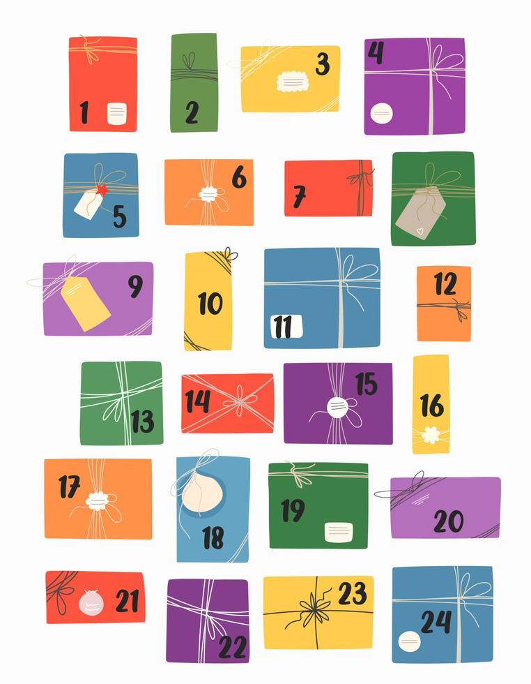Advent calendar. Multicolored gift boxes for stickers, packaging, postcards. Christmas decor. vector