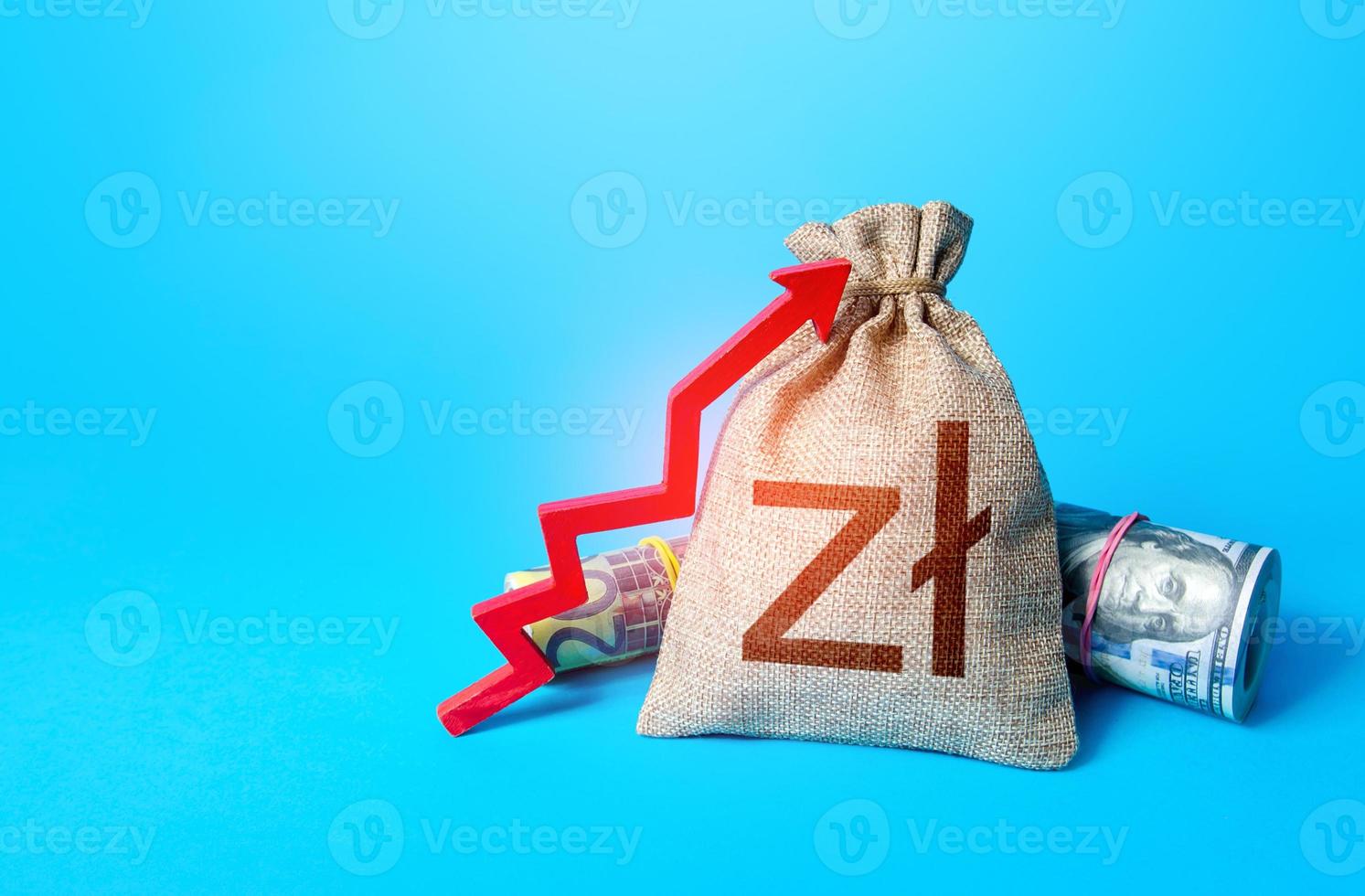 Polish zloty money bag and red up arrow. Rise in profits, budget fees. Increase in the deposit rate. Increase income and business efficiency. Inflation acceleration. Investments. Economic growth, GDP. photo